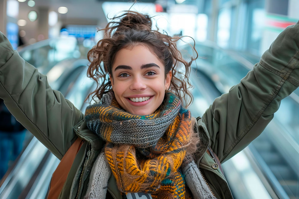 AdobeStock_1295736503, Сергей Белый eine junge Frau am Flughafen ist bereit fürs Abenteuer